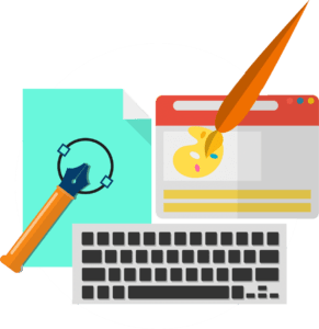 A graphic shows a keyboard, a sheet of paper with a pen, and a computer screen with a paint palette and brush, symbolizing digital art, design, writing, and search engine optimization for websites for new business. -Masters Technology Services